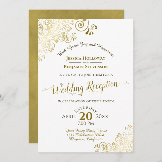 Convite Recepção de Casamento Elegante com Renda Dourada e (Frente/Verso)