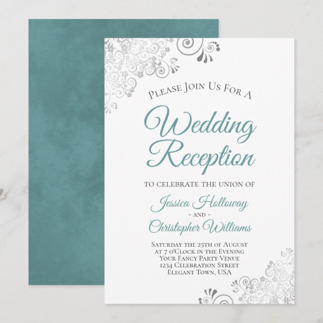 Convite Recepção de Casamento Elegante com Renda Prateada  (Frente/Verso)