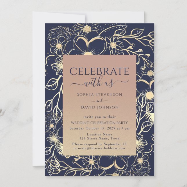 Convite Recepção de Casamento Elegante Rosa Dourado e Azul (Frente)