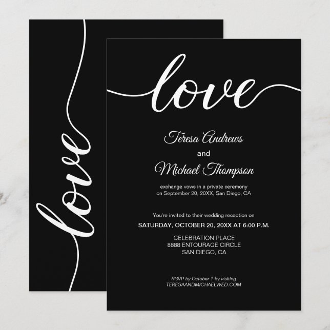 Convite Recepção de Casamento Elopement Preto e Branco Ele (Frente/Verso)