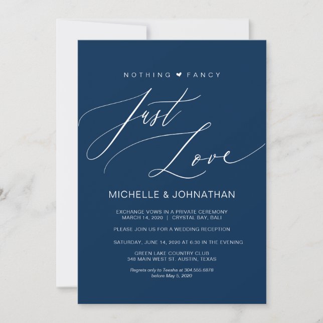 Convite Recepção de Casamento Elopement Script Navy Modern (Frente)
