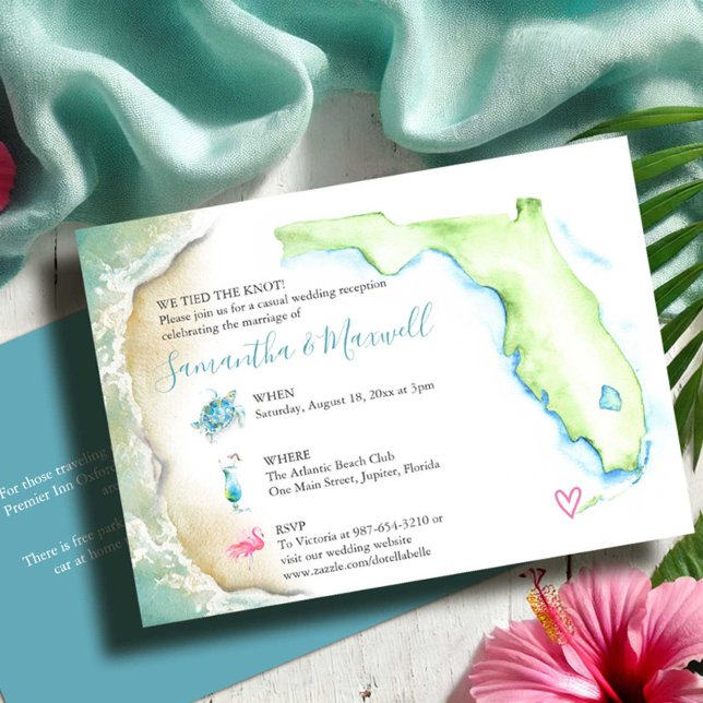 Convite Recepção de Casamento em Praia da Flórida Ilustrad (Destination wedding reception invitation watercolor Florida map, sea turtle.. Victoria Grigaliunas)