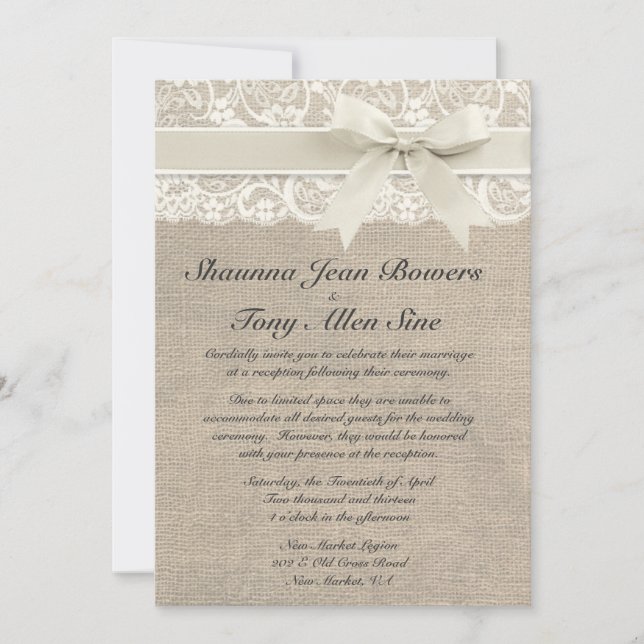 Convite Recepção de casamento ene marfim de tela de juta d (Frente)