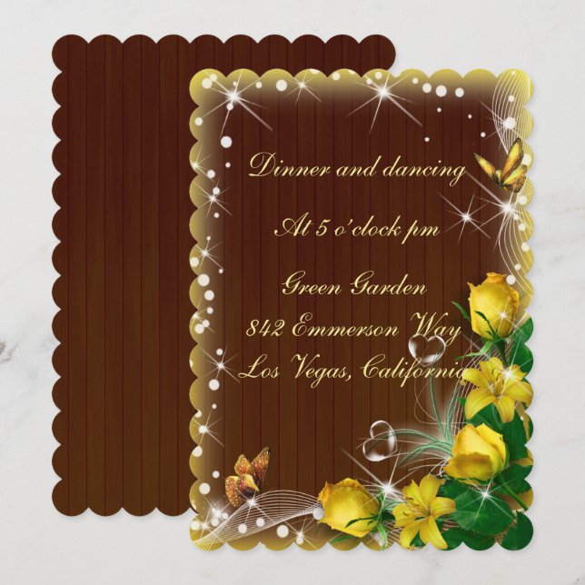 Convite Recepção de Casamento Floral Amarela com Madeira E (Frente/Verso)
