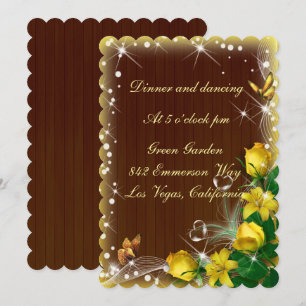 Convite Recepção de Casamento Floral Amarela Madeira Escur