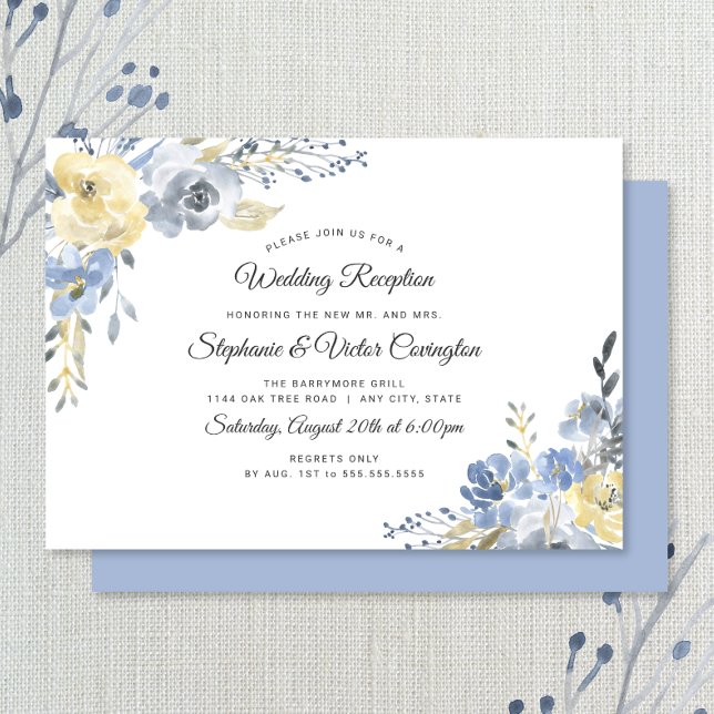 Convite Recepção de casamento floral azul empoeirado apena (Criador carregado)