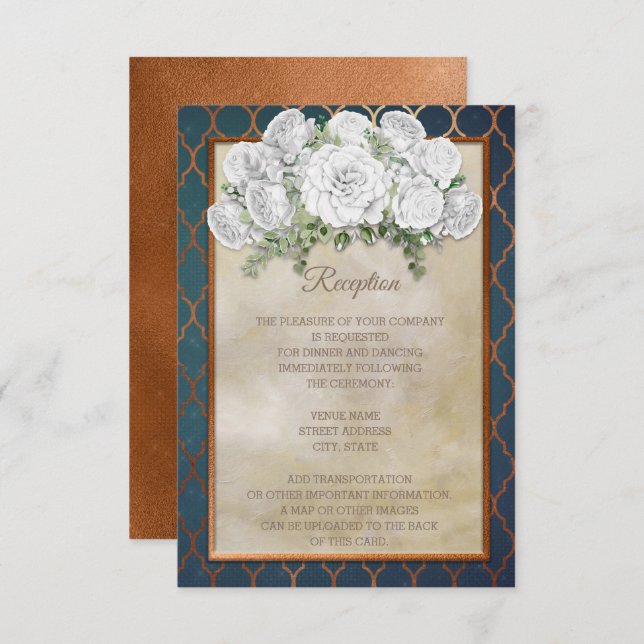 Convite Recepção de Casamento Floral Azul Turquesa Cobre e (Frente/Verso)