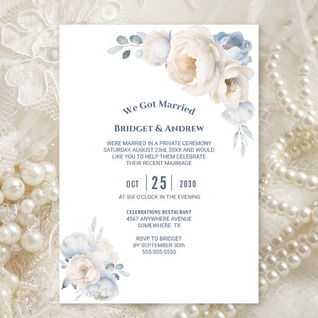 Convite Recepção de casamento Floral Branco Dusty Blue (Criador carregado)