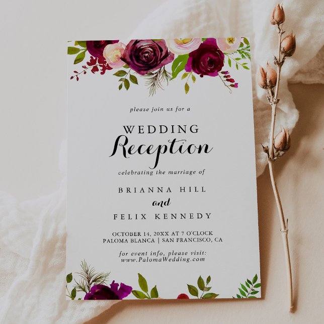 Convite Recepção de Casamento Floral Burgundy Rústico Blus (Criador carregado)