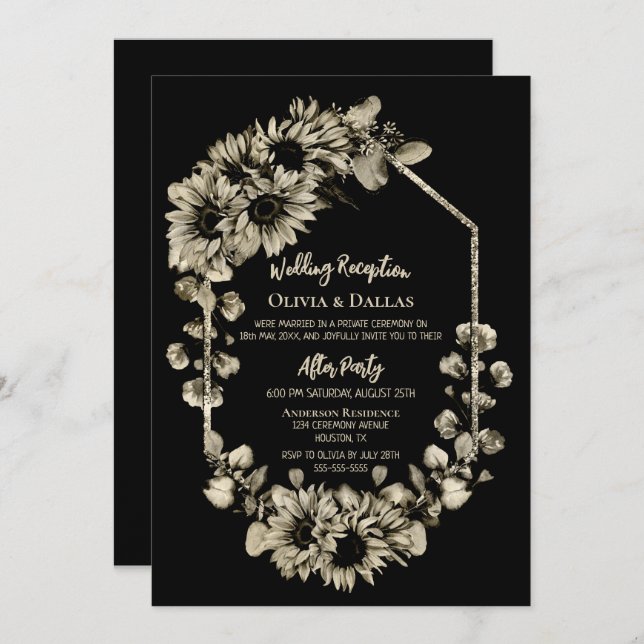 Convite Recepção de Casamento Floral de Girassol Preto (Frente/Verso)