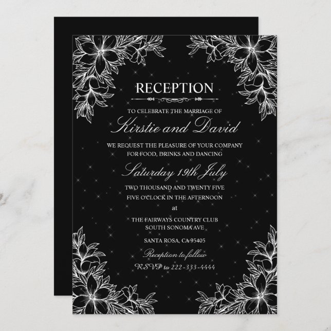 Convite Recepção de casamento Floral de Ornamentado Branco (Frente/Verso)