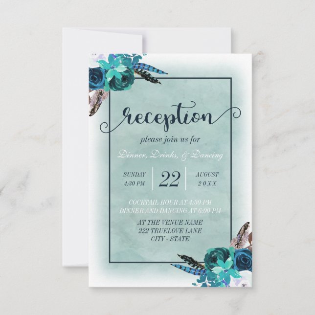 Convite Recepção de Casamento Floral em Aquarela Azul Mari (Frente)