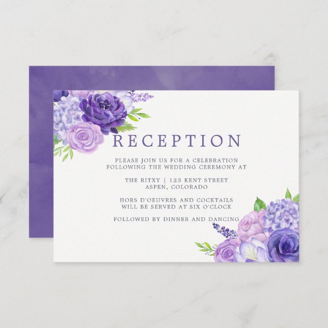 Convite Recepção de Casamento Floral em Aquarela Ultra Vio (Frente/Verso)