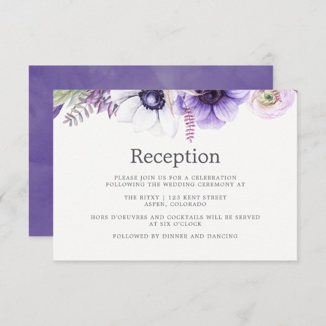 Convite Recepção de Casamento Floral em Aquarela Violeta E (Frente/Verso)