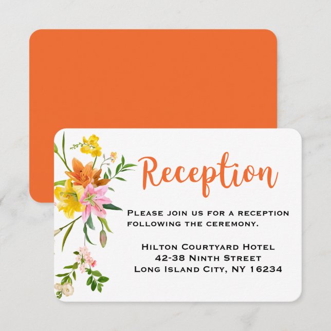 Convite Recepção de Casamento Floral Laranja Flores de Lír (Frente/Verso)