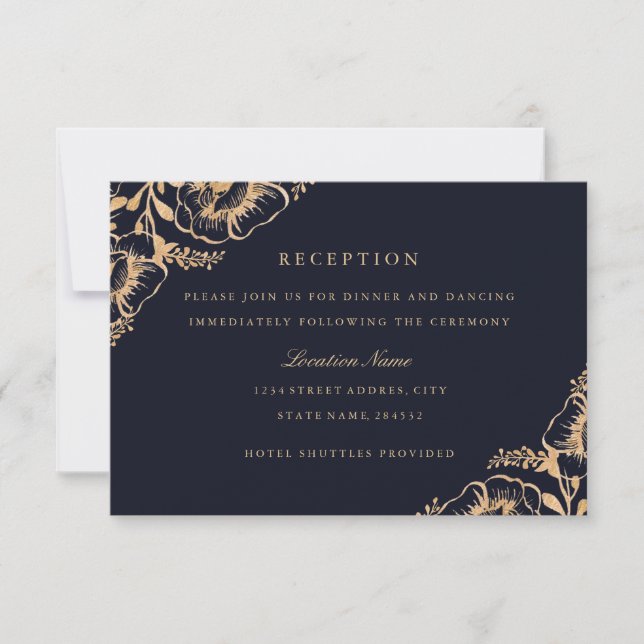 Convite Recepção de Casamento Floral Naval Dourado Vintage (Frente)