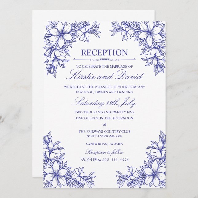 Convite Recepção de casamento Floral Ornamentado Azul (Frente/Verso)