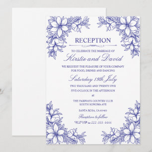 Convite Recepção de casamento Floral Ornamentado Azul