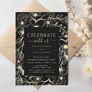 Convite Recepção de Casamento Floral Preto e Dourado