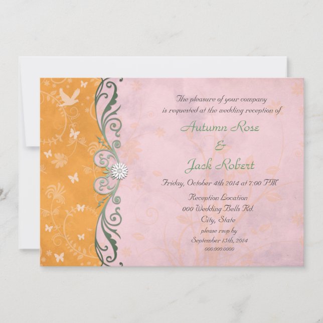 Convite Recepção de Casamento Floral Rosa e Laranja (Frente)