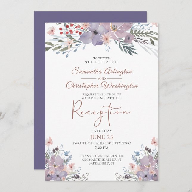 Convite Recepção de casamento Floral Roxo de Aquarela (Frente/Verso)