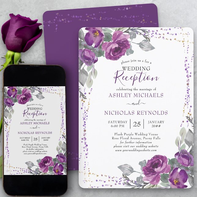 Convite Recepção de Casamento Floral Roxo e Confetes Apena (Elegant purple floral wedding reception only invitation from my Plush Purple Wedding Collection)
