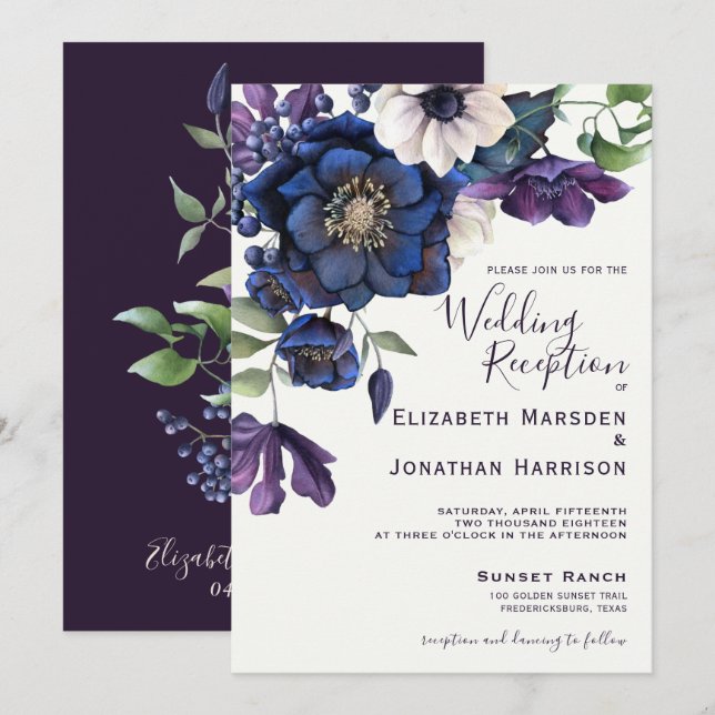 Convite Recepção de casamento Floral Roxo Elegante (Frente/Verso)