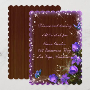 Convite Recepção de Casamento Floral Roxo em Madeira Escur