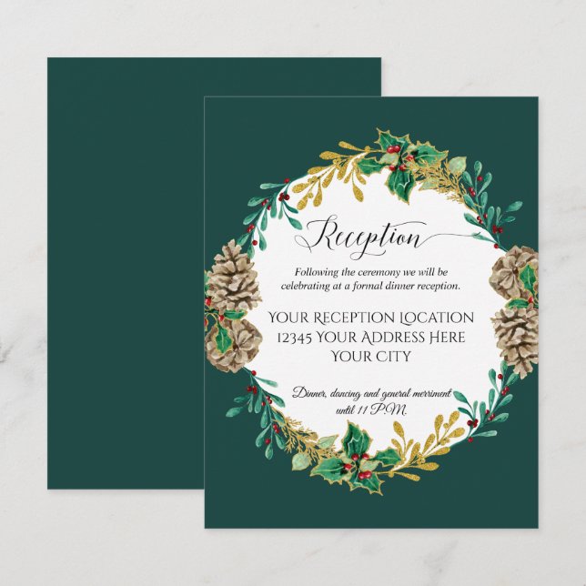 Convite Recepção de Casamento Floresta de Natal Dourada (Frente/Verso)