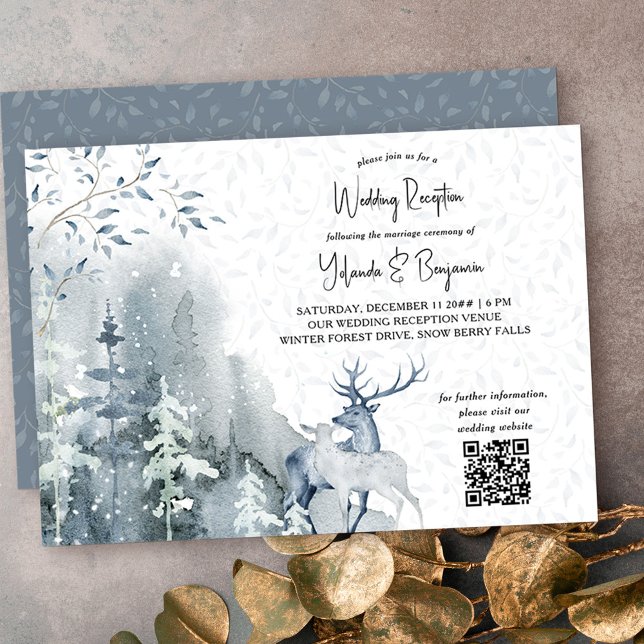 Convite Recepção de Casamento Floresta de Neve de Inverno  (Wedding Reception invitation with QR code from my Snow Forest Winter Wedding collection)