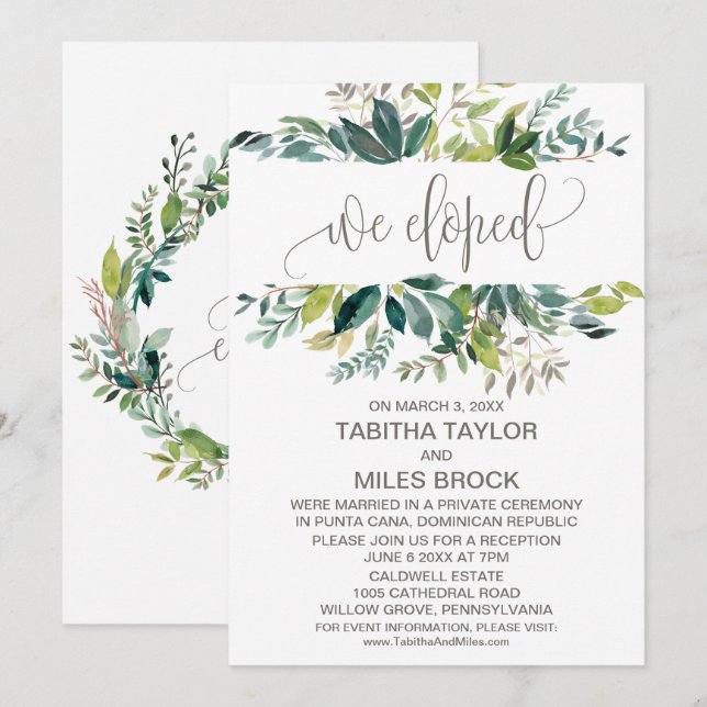 Convite Recepção de Casamento Foliagem Nós Fugimos (Frente/Verso)