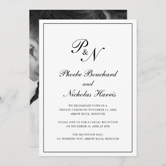 Convite Recepção de Casamento Formal com Foto de Monograma (Frente/Verso)