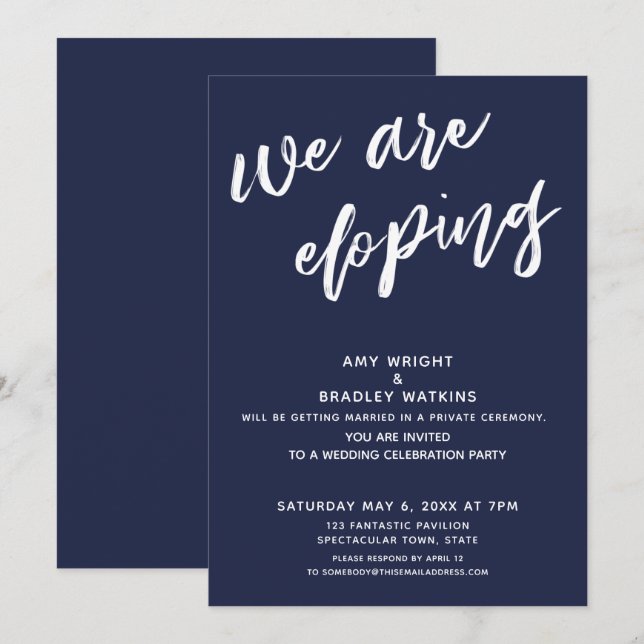 Convite Recepção de Casamento FUGINDO EM AZUL MARINHO MODE (Frente/Verso)