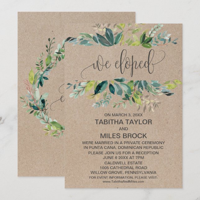 Convite Recepção de Casamento Furtivo com Folhagem Kraft (Frente/Verso)