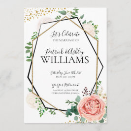 Convite Recepção de casamento Geométrica Dourada e Rosa Mo