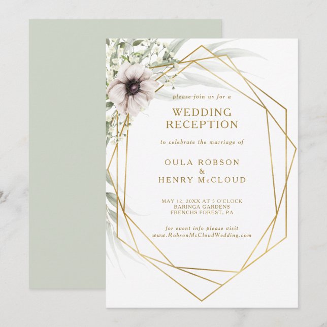 Convite Recepção de Casamento Geométrico Eucalipto Dourado (Frente/Verso)