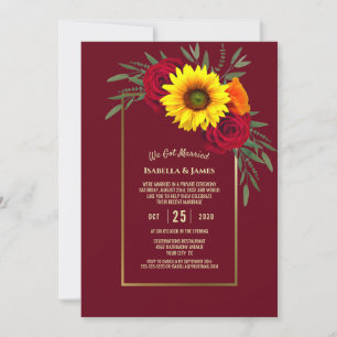 Convite Recepção de Casamento Girassol Dourado Borgonha Ro