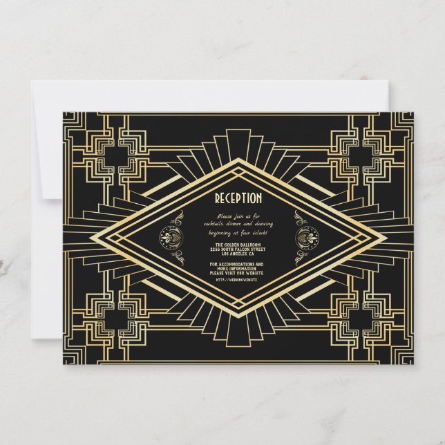 Convite Recepção de Casamento Glam Gold Black Great Gatsby (Frente)