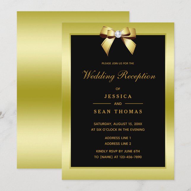 Convite Recepção de Casamento Glam Gold Bow & Black (Frente/Verso)