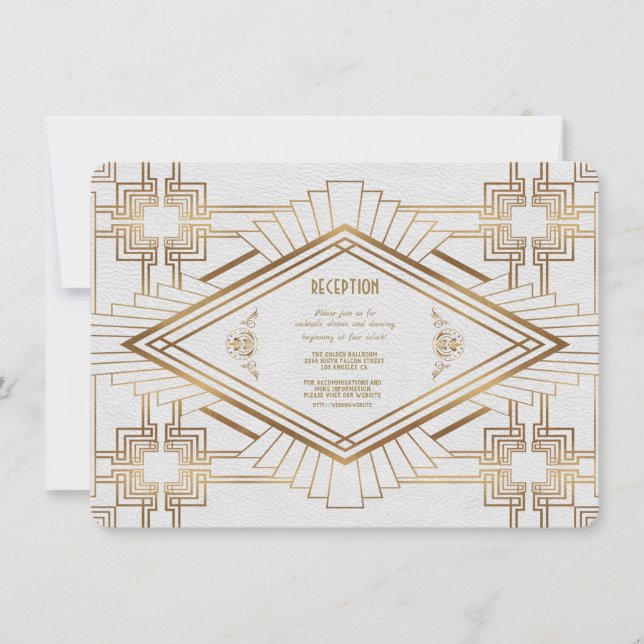 Convite Recepção de Casamento Glam Gold White Great Gatsby (Frente)