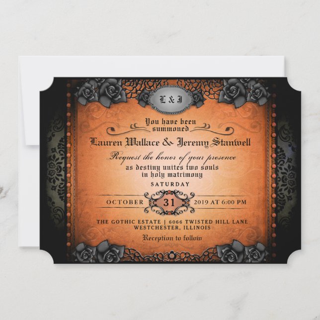 Convite Recepção de casamento Gótica Laranja de Halloween (Frente)