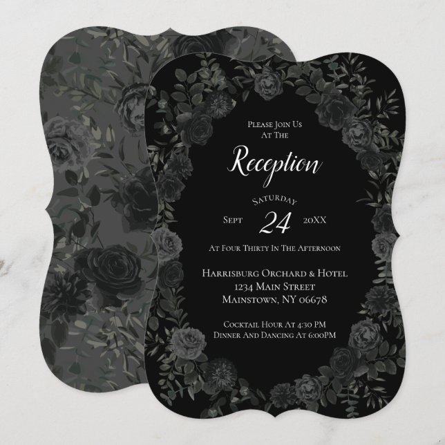 Convite Recepção de Casamento Gótico Rosa Branca e Preta (Frente/Verso)