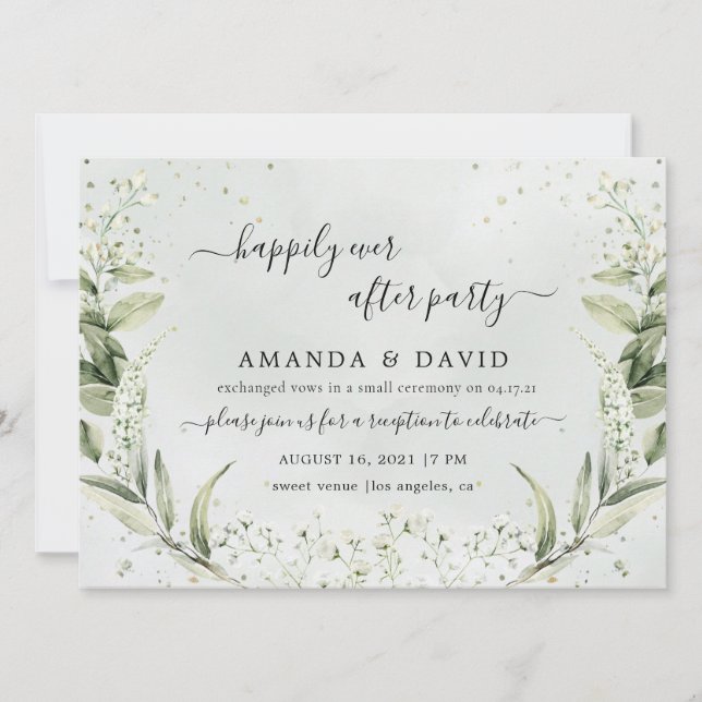 Convite Recepção de Casamento Greenery Happily Ever After  (Frente)