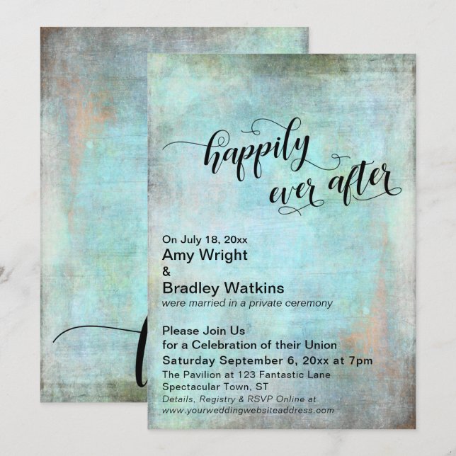Convite Recepção de Casamento Grunge Aqua Felizes para Sem (Frente/Verso)