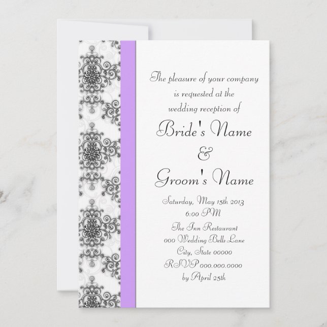 Convite Recepção de Casamento Lavanda Preto Branco Damask (Frente)