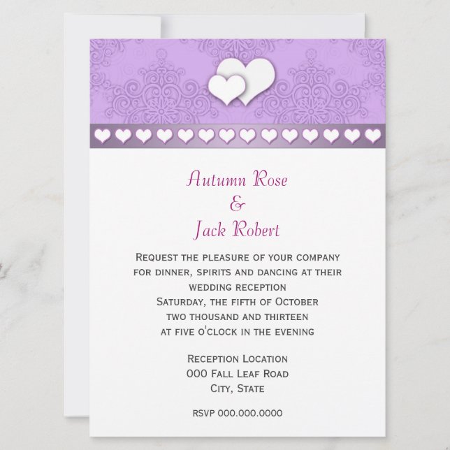Convite Recepção de Casamento Lavanda Roxo e Branco Damask (Frente)