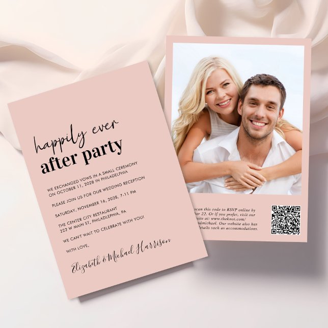 Convite Recepção de casamento mínima de código QR de foto  (An chic Happily Ever After Party all-in-one invitation for your wedding celebration)