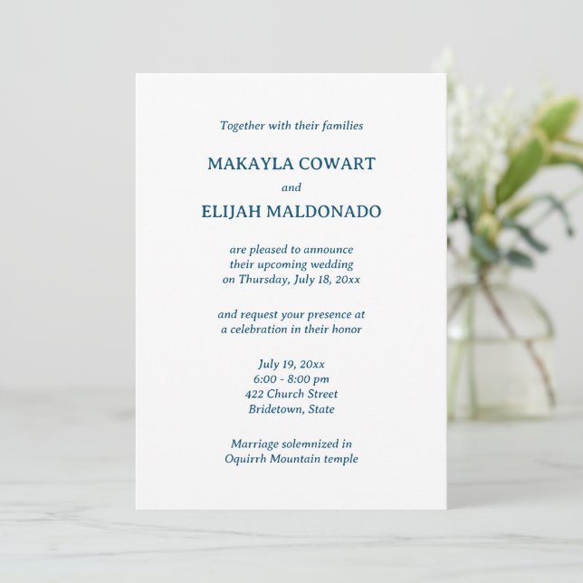Convite Recepção de casamento Minimalista Azul Espanhol-In (Em pé/Frente)