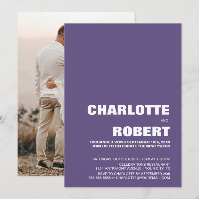 Convite Recepção de Casamento Minimalista Moderno Roxo (Frente/Verso)