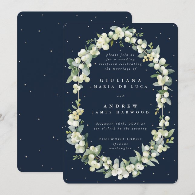 Convite Recepção de Casamento Navy Snowberry + Eucalipto A (Frente/Verso)